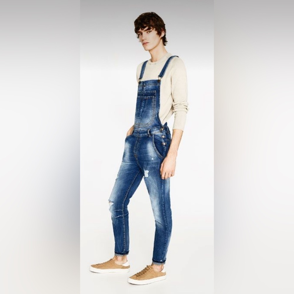Zara Man - Vintage distressed Denim Skinny Overalls dungarees